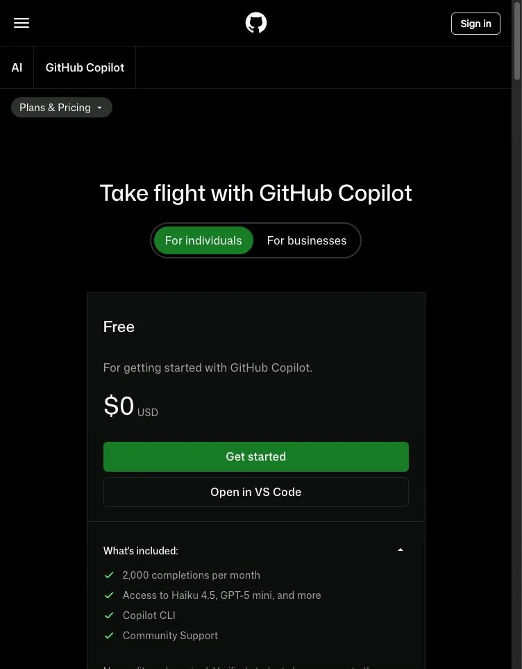GitHub Copilot公式サイトの料金プラン画面。個人向けにFree($0・月2,000補完)から始まるプランが表示されている。