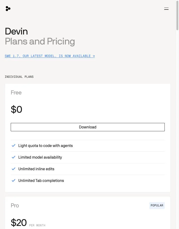 旧Windsurfの料金ページ。現在はCognition社のDevinのプラン(Free $0、Pro $20など)が表示される。