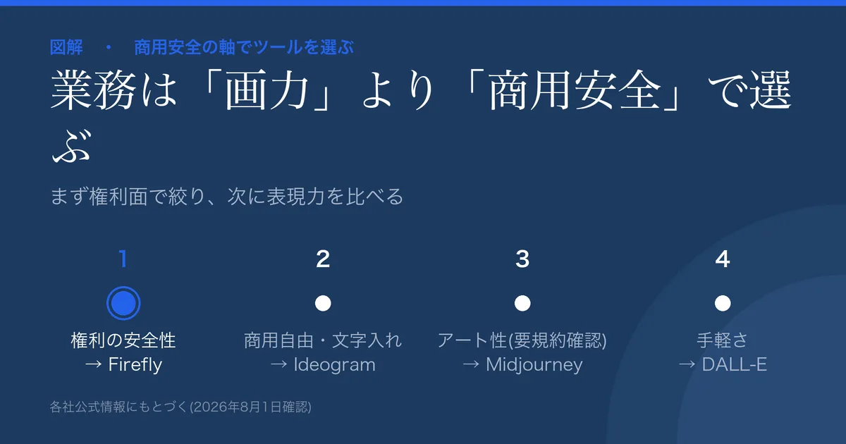 AI画像ツールを商用安全の軸で選ぶ図解。権利の安全性を最優先ならFirefly、商用自由で文字入れならIdeogram、アート性ならMidjourney(企業は規約確認)、手軽さならDALL-E。