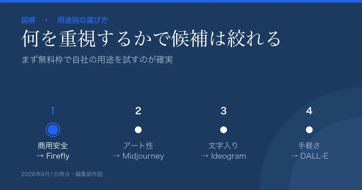 AI画像生成ツールの用途別の選び方の図解。商用安全はFirefly、アート性はMidjourney、画像内の文字はIdeogram、手軽さはDALL-E。