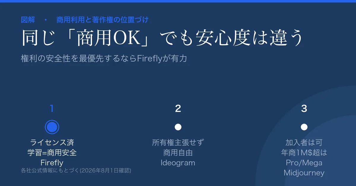 AI画像生成の商用・著作権の図解。Fireflyはライセンス済みデータ学習で商用安全、Ideogramは所有権主張せず商用自由、Midjourneyは加入者は商用可(年商100万ドル超はPro/Mega必須)、DALL-EはChatGPT統合で商用可。