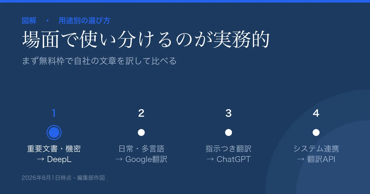AI翻訳の用途別の選び方の図解。重要文書・セキュリティ重視=DeepL、日常・多言語で手軽に=Google翻訳、文脈や指示に沿った翻訳=ChatGPT。