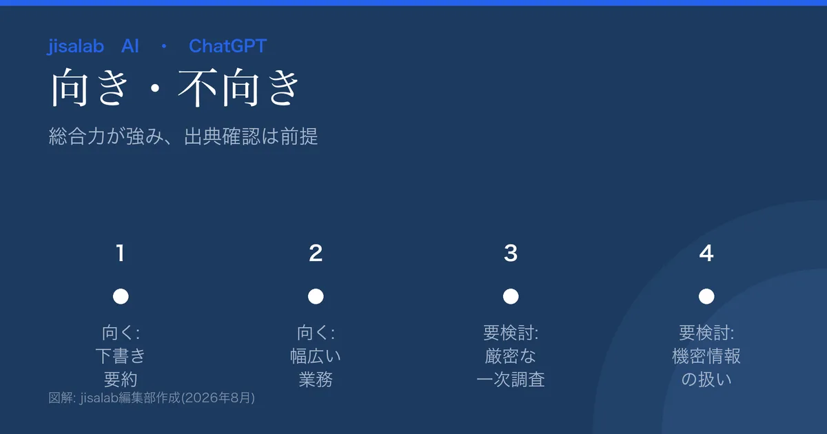 ChatGPTの向き不向きの図解。向く=汎用的な下書き/要約/壁打ち・チーム展開。要検討=最新一次情報の厳密な調査/機密情報の取り扱い。