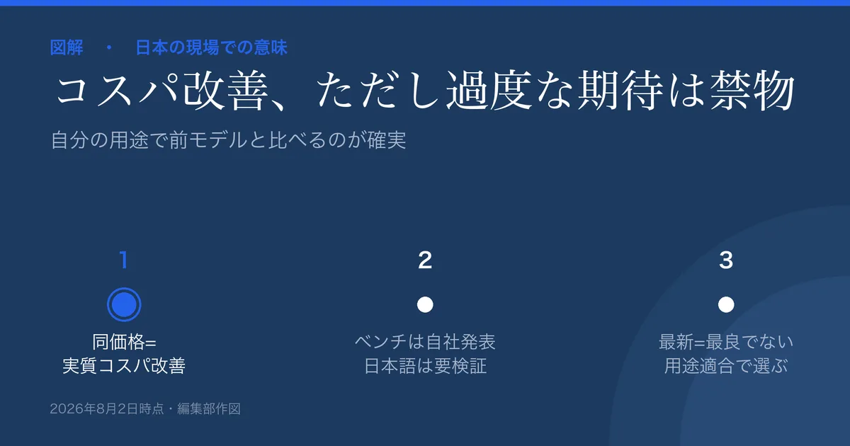 日本のビジネスにとっての意味の図解。同価格で性能向上=実質コスパ改善、ただしベンチは自社発表・日本語は要検証、用途適合で選ぶ。