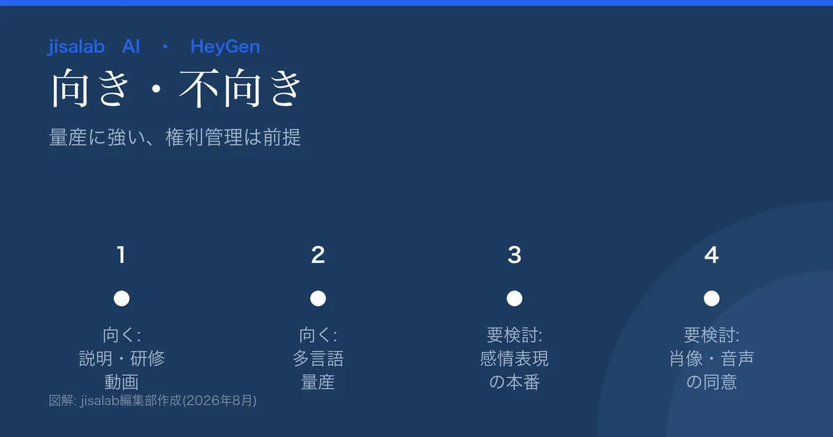 HeyGenの向き不向きの図解。向く=撮影なしの説明/研修/多言語動画。要検討=感情表現重視の本番映像/本人の肖像・音声の同意・権利。