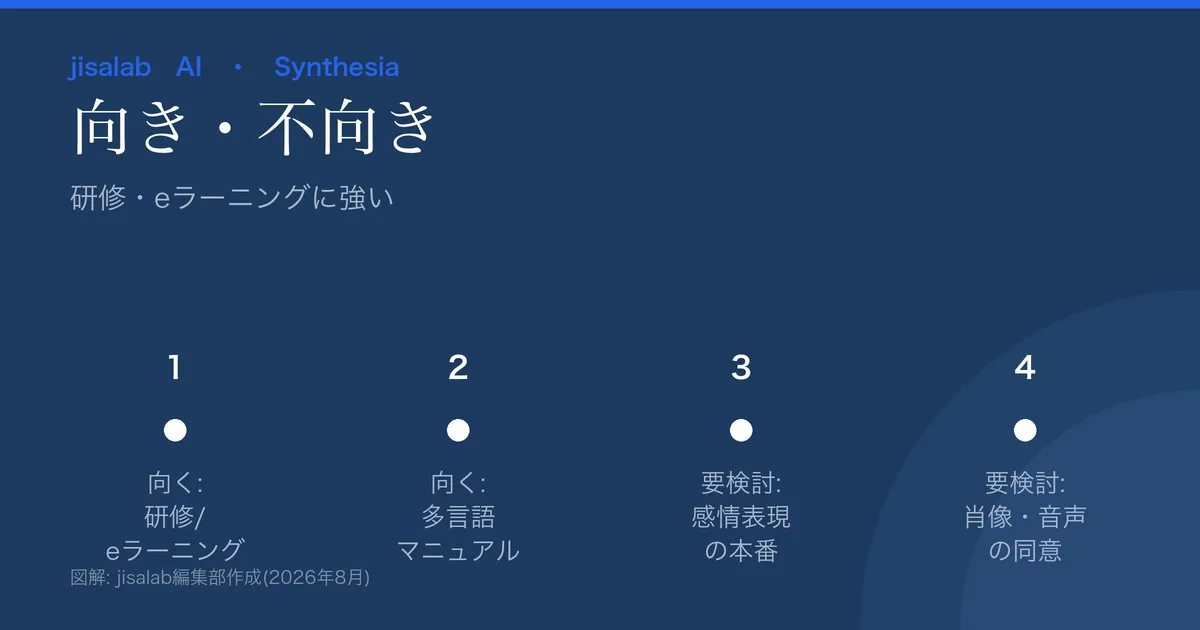 Synthesiaの向き不向きの図解。向く=研修/eラーニング/多言語マニュアル。要検討=感情表現重視の本番/本人の肖像・音声の同意/分数上限。